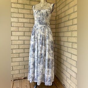 Caroline Constas White & Blue Floral Botanical Landscape Scene Linen Blend Dress